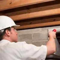 Termite inspection technician checking a basement wall and framing for termite activity in Saint Petersburg, FL